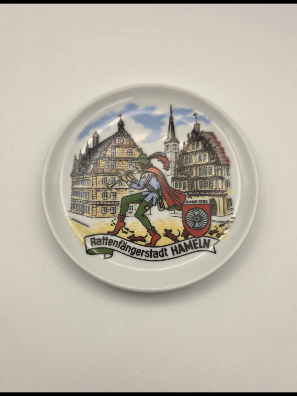F. M. Floss Bavaria "Pied Piper" Porcelain Butter Pat/ Tea Bag Holder/ Souvenir